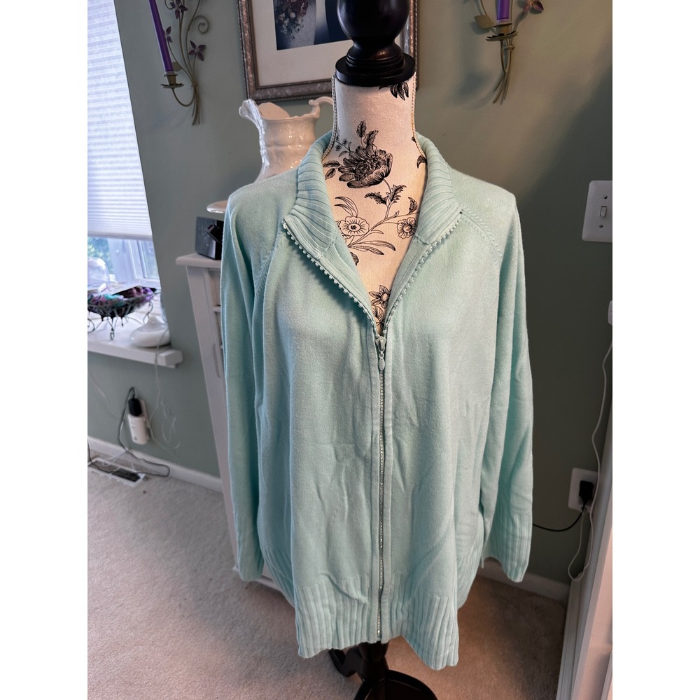 Quacker Factory Aqua Blue Rhinestone Zip Front Cardigan Sweater Womens 3X A3788